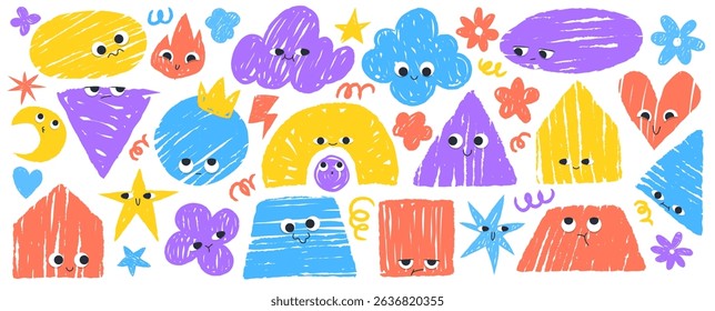 Childish crayon drawing sticker set - funny colorful doodle shapes with cute simple faces. Hand drawn stars and clouds, triangles and squares, circles and irregular forms characters with emotions.