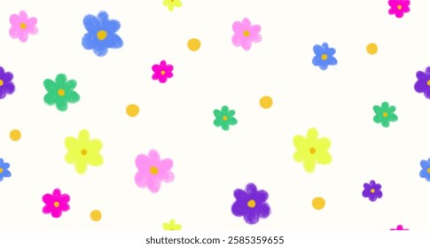 Childish crayon drawing style. Vector floral seamless pattern. Bright colorful chalk painted flowers on white background. 