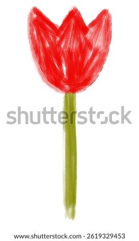 Childish Crayon Drawing-like Red Tulip on a White Background. Infantile Style Vector Illustration Of Red Flower With Green Stem Without Leaf. Simple Abstract Doodle Red Tulip Flower.