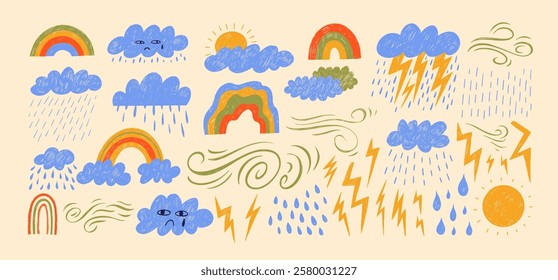 Childish crayon drawn clouds, lightnings, sun, rainbow and wind motion collection. Hand drawn colorful kid's stickers, naive funky vector elements. Cloud rain weather cartoon cute set.