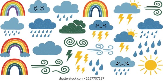 Childish crayon drawn clouds, lightnings, sun, rainbow and wind motion collection.