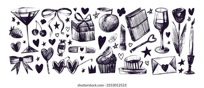 Colección de doodle dibujado con crayón infantil con iconos femeninos. Lápiz dibujado a mano alzada lindos garabatos de niño y estilo femenino. Ilustración de boceto de Vector. Doodle Elementos de picnic, vasos, estrellas, vino, arcos.