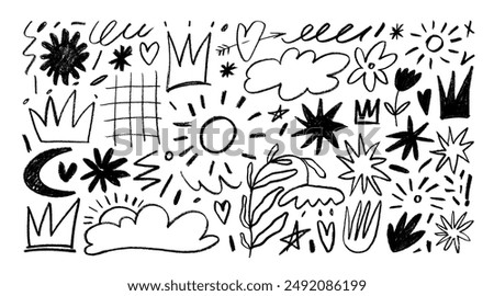 Childish crayon drawn doodle collection. Pencil drawings isolated on white, squiggles in childish girly style, flower, crown and stars. Freehand cute kid scribbles. Black chalk drawn icons.