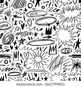 Childish crayon drawn doodle seamless pattern. Funky messy shapes and inky drawings. Punk vector seamless pattern in childish girly style with scribbles, squiggles, speech bubbles and cute shapes.