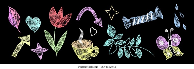 Conjunto de bocetos de crayón infantil aislado sobre fondo negro. Ilustración realista de Vector de iconos de tiza de color, flor, taza, caramelo, figuras de mariposa, signos de flecha dibujados en la pizarra de la escuela, arte de los niños