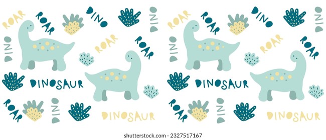 Childish cup pattern with little dinosaurs. Cute baby mug print. Hand drawn vector illustration.
