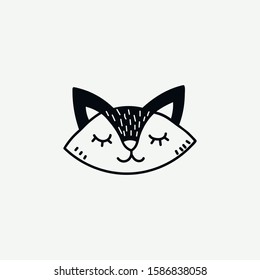 Childish cute animal face, scandinavian style. Creative doodle print for fabric, poster, textile, postcard,wallpaper, baby apparel. Vector cartoon illustration. Fox