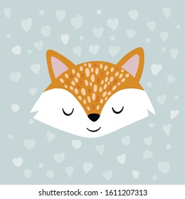 Childish cute animal face, scandinavian style. Creative doodle print for fabric, poster, textile, postcard,wallpaper, baby apparel. Vector cartoon illustration. Fox