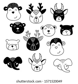 Childish cute animal faces, scandinavian style. Creative doodle print for fabric, poster, textile, postcard,wallpaper, baby apparel. Vector cartoon illustration