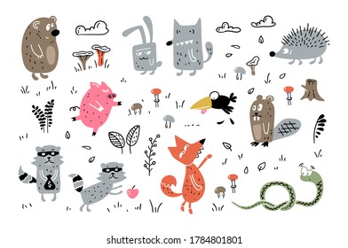 Childish cute animals. Cartoon hand drawn wild animals scandinavian style for fabric, wrapping, textile, wallpaper, apparel. Vector illustration.