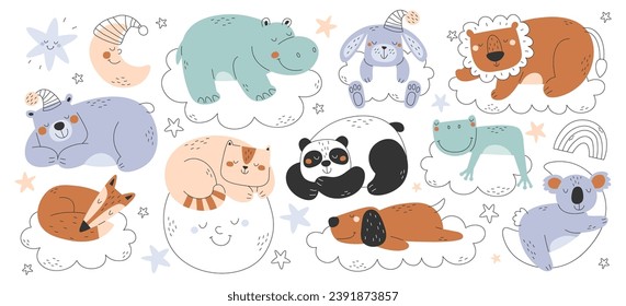 Childish cute baby animals sleeping on fluffy cloud, moon crescent and sun set vector illustration. Funny koala, panda, grizzly bears, wild fox, bunny or hare, domestic pets dog and cat, hipo, frog