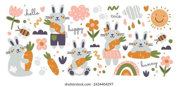 Childish cute bunny with carrot vegetable set. Funny rabbit spring holiday animal holding sweet treats vector illustration. Happy Easter pet wildlife characters with floral decoration design