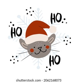 Childish cute cat with Santa's hat and lettering ho ho ho doodle vector card