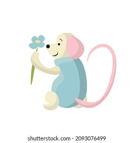 Childish cute character mouse with a flower, simple flat illustration in color