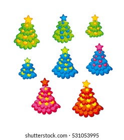 Childish cute Christmas tree. Kid style little decorated holiday trees on white background. Ornamented festive image in simple funny style