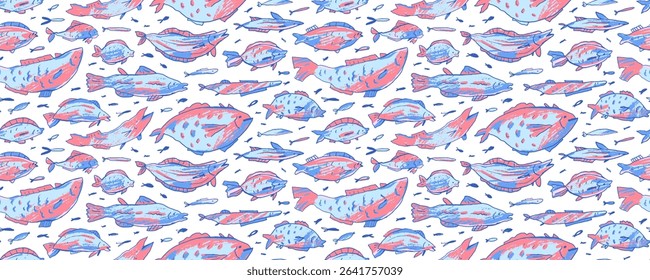 Childish cute crayon drawn fish seamless pattern. Pastel colored sketch school of fish, ocean or sea motif. Cute marine seamless banner design, funky wallpaper with pencil or crayon texture elements.