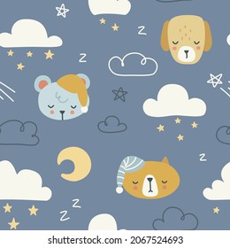 Childish cute doodle night with clouds stars and  sleepy animal head pattern. Seamless texture for textile, fabric, apparel, wrapping, paper, stationery, nursery.