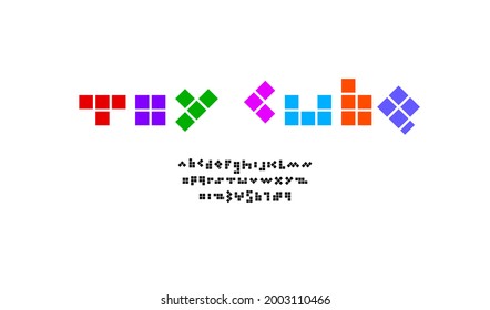 Childish Cute Font, Alphabet In Tetris Game Style, Bold Latin Letters And Arab Numbers Made In Squares, Vector Illustration 10eps