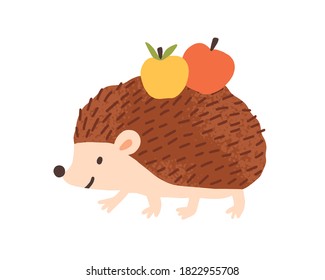 Childish cute hedgehog carry apples. Funny urchin in scandinavian style. Flat vector cartoon illustration of lovely forest animal. Adorable mascot isolated on white background