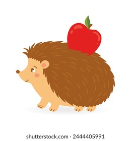 Childish cute hedgehog carry red apple. Hand drawn funny urchin in scandinavian style. Flat vector cartoon illustration of lovely forest animal. Perfect for childrens projects, scrapbooking, card, etc