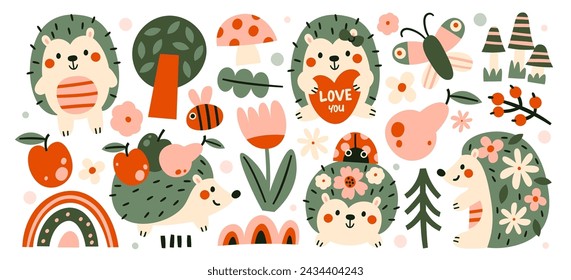 Childish cute hedgehogs characters harvesting in forest carrying ripe apples, playing with ladybugs, sharing love vector illustration. Happy woodland creature enjoying nature and interesting life