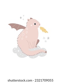 Childish cute illustration with adorable pink dragon breathing fire. Sweet design for posters, nursery decorations, frame art, kids print
