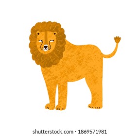 Childish cute lion in simple scandinavian style. Lovely african leo cub in flat vector cartoon textured illustration. Adorable wild jungle animal isolated on white background