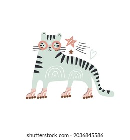 Childish cute mint  hand drawn tiger in star glasses and rollers isolated on white. Modern vector illustration for apparel, card, poster.