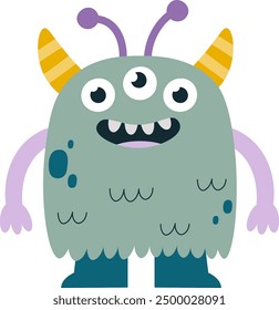 Childish Cute Monster With Horns Vector Illustration