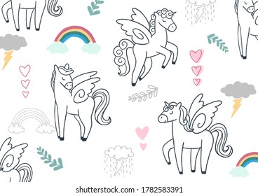 Patrón lindo infantil con fondo unicornio dibujado a mano para tela, textil