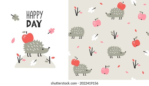 Childish cute print and pattern set with little hedgehog, animal seamless background. Perfect for fabric, textile, and print. Hand drawn vector Illustration