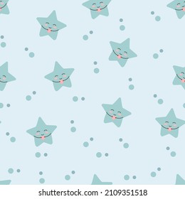 childish cute seamless pattern with cartoon star character on light blue background. cute childish abstract pattern for textile, fabric, wallpaper