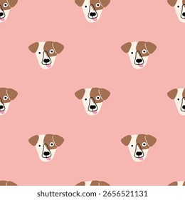 Patrón sin fisuras lindo infantil con cara de perro. Ilustración vectorial plana sobre fondo rosa.