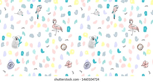 Childish cute seamless pattern with doodle colorful confetti and hand drawn fun characters in cartoon kid style