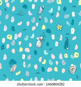 Childish cute seamless pattern with doodle colorful confetti and hand drawn fun characters in cartoon kid style