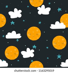 Childish cute seamless pattern with moon, stars and cloud. Vector hand drawn illustration.