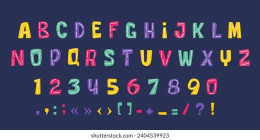 Childish cute tribal style alphabet. Doodle letters, numbers and signs. Decorative abstract abc for kids, playroom decor or prints, neoteric vector collection