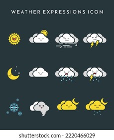Childish cute weather character with smiling facial expression. Vector in flat style, rainbow and rain, umbrella and cloud, sun and stars, mood and tornado. Hot and cold temperatures