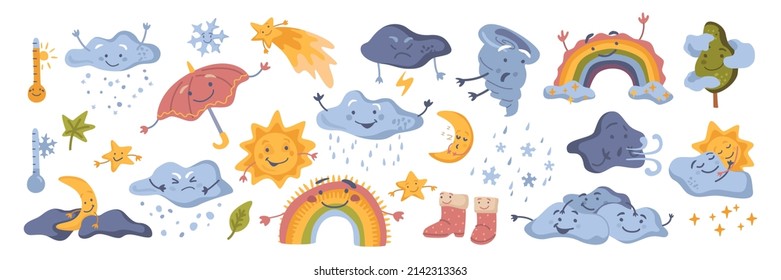 Childish cute weather characters with smiling facial expressions. Vector in flat style, rainbows and rain, umbrella and cloud, sun and stars, mood and tornado. Heat and chilly temperatures