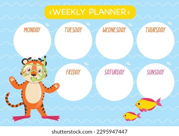 Childish cute week planner. Horizontal. With cute Tiger character, swimming mask and fins.