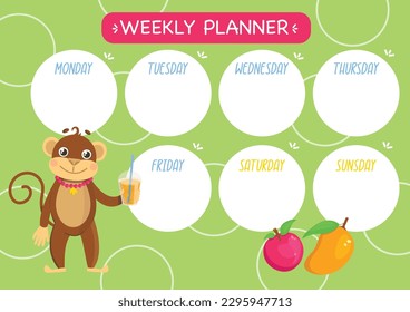 Childish cute week planner. Horizontal. With a cute Monkey character and a cocktail.