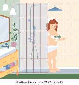 Childish daily routine flat background with little girl washing in shower by herself vector illustration