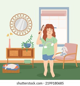 Childish daily routine flat poster with little girl spending her free time home surrounded by toys and pets vector illustration