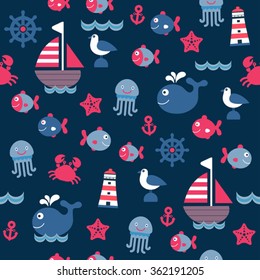 childish dark blue cartoon sea seamless pattern