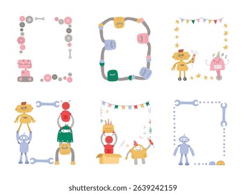 Childish decorative frames with cute robot funny droids funky futuristic machinery isolated set. Festive borders, ornamental banners with copy space and robotic characters vector illustration
