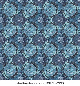 Childish design in blue, gray and white colors. Vector seamless pattern with stylized doodle flowers. Cute floral background for textile, fabric, wrapping, scrapbooking.