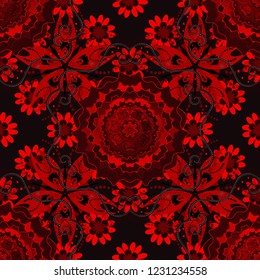 Childish design in brown, black and red colors. Cute floral background for textile, fabric, wrapping, scrapbooking. Vector seamless pattern with stylized doodle flowers.