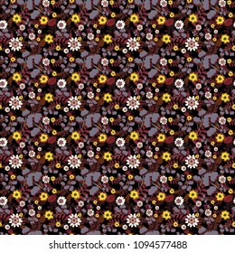 Childish design in brown, gray and black colors. Vector seamless pattern with stylized doodle flowers. Cute floral background for textile, fabric, wrapping, scrapbooking.