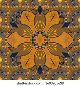 Childish design. Cute floral background for textile, fabric, wrapping, scrapbooking. Vector seamless pattern with hand drawn doodle flowers. On blue, brown and orange backdrop.