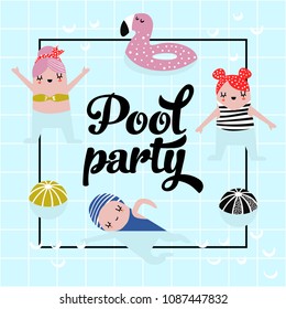 Childish Design with Cute Girls in Swimming Pool. Creative Kids Background for Cover, Birthday Card, Decoration. Vector illustration